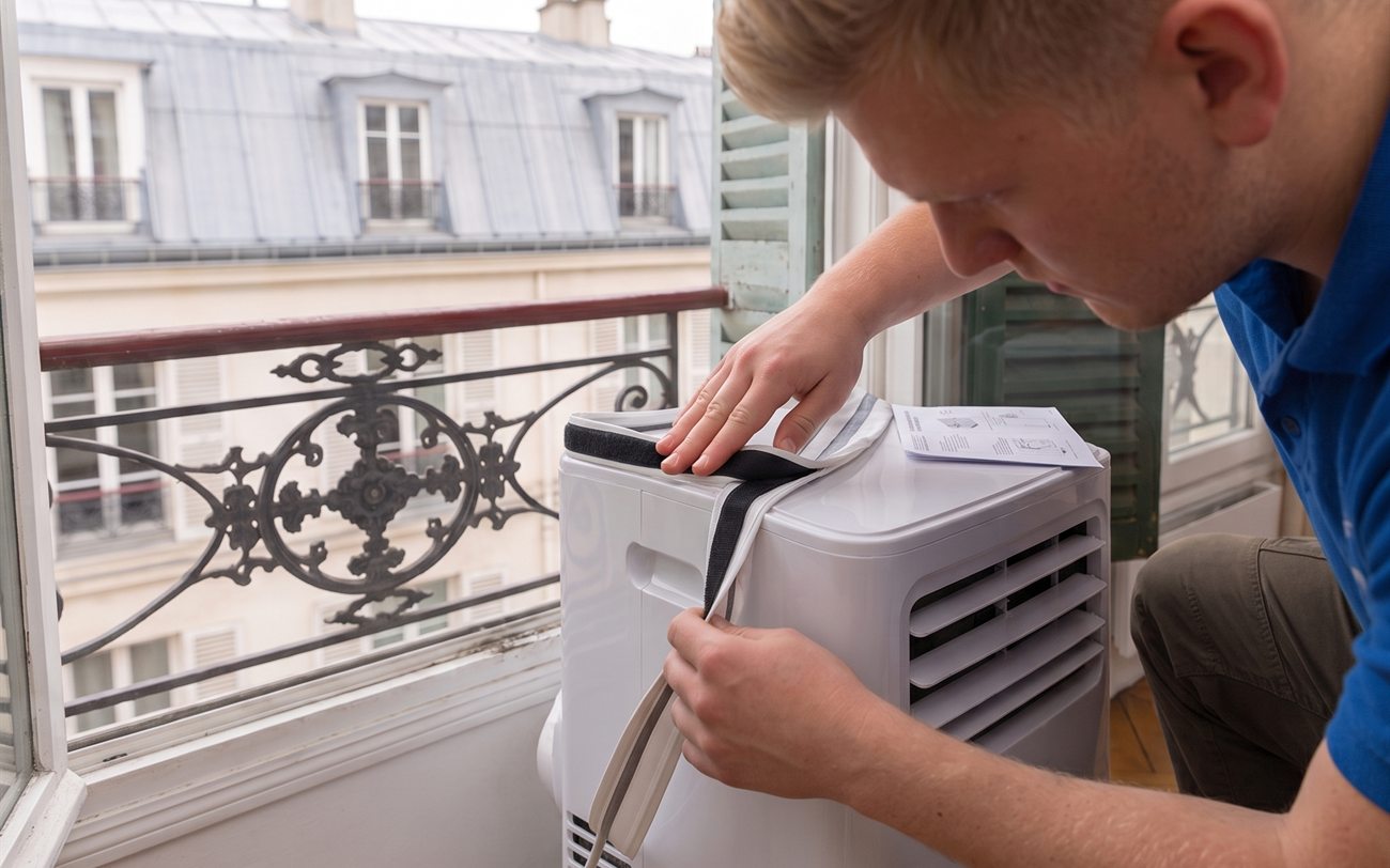Installation d'un climatiseur mobile sur une fenêtre à Paris